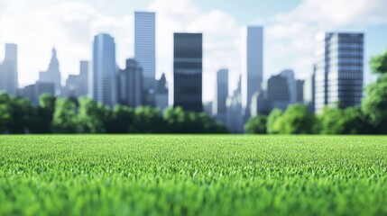 Vibrant green field with city skyline backdrop.
