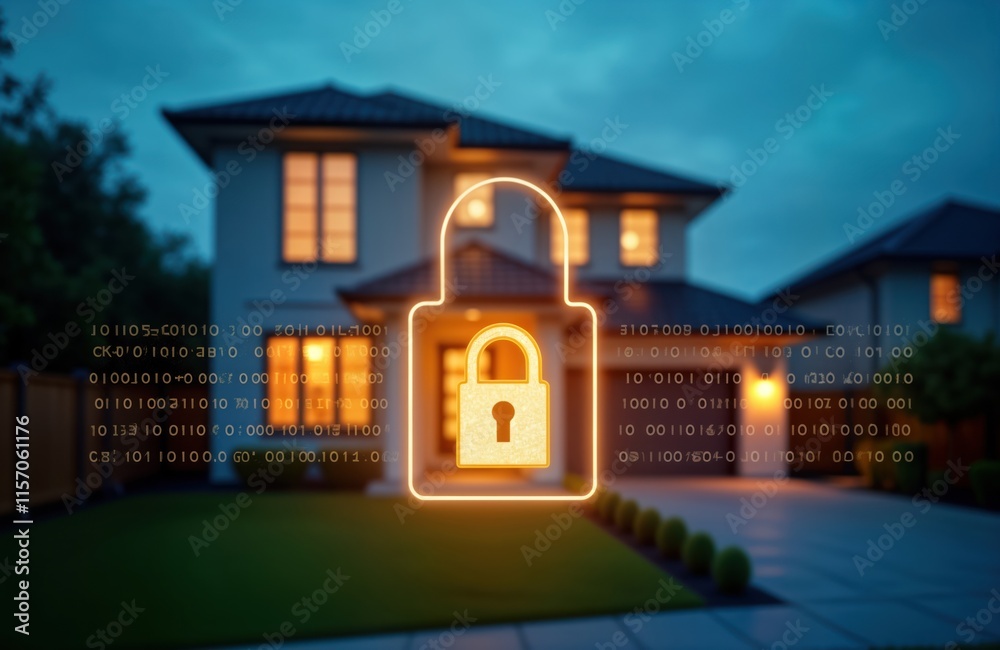 Poster modern smart home at night under security system protection. digital padlock icon displays tech safe