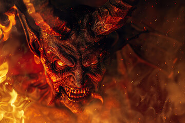 Scary sinister devil is in hell with dramatic bright fire lighting, abstract vivid composition consists of fictional unreal fantastic vision on background