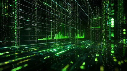 A sleek digital stock market interface with vibrant green graphs, showing rising profits, with data points floating in a 3D space.