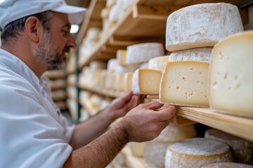 An artisan carefully inspects a cheese wheel, highlighting the precision and dedication involved in the cheese-making process within a charming workshop filled with numerous cheeses.