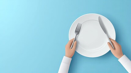 Restaurant and food concept illustration featuring hands holding a knife and fork with an empty plate Top view in a flat design style