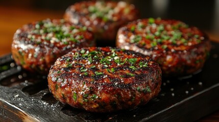 Four juicy grilled meat patties seasoned with herbs and spices on a dark wooden board.