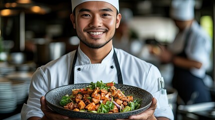 Smiling chef proudly presents a delicious gourmet salad in a modern restaurant kitchen.