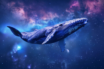 Fototapeta premium Fantastically beautiful majestic huge whale in deep blue ocean, abstract vivid composition consists of fictional unreal fantastic vision on background