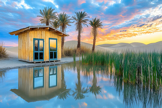 Serene desert oasis sunset scene featuring a charming wooden cabin reflected in a calm pond, surrounded by lush vegetation and majestic palm trees.