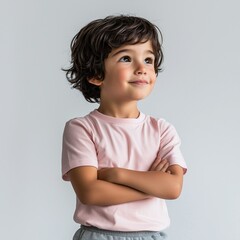 Boy  is posed with her arms crossed, standing sideways and looking up against a plain white background.