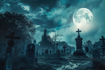 Fototapeta premium Fantastically mysterious cemetery with tombstones and terribly scary atmosphere, abstract vivid composition consists of fictional unreal fantastic vision on background