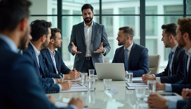 Indian business director leads board meeting in office. Team members listening attentively to presentation. Meeting looks serious, focused on strategy, planning. Image teamwork, business