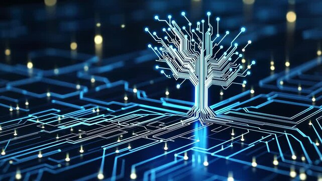 Futuristic Technology Circuit Tree Design with Blue Neon Highlights and Depth