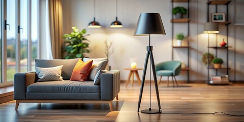 Stylish Matte Black Floor Lamp for Modern Living Room - Tilt-Shift Photography