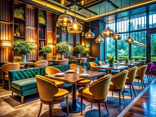 Obraz premium Stylish Restaurant Interior: Modern Tables & Chairs, Chic Dining Setting