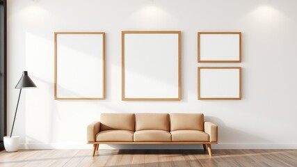Modern Living Room with Neutral Sofa and Empty Picture Frames