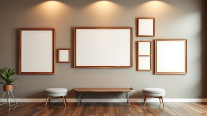Modern gallery wall with wooden frames, empty canvases, low bench and light grey ottomans in a minimalist interior