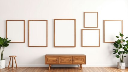 Modern minimalist living room interior with empty wooden picture frames and mid-century modern console table