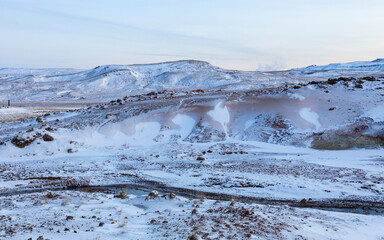 Seltún Geothermal area with hot pools and springs at Reykjanes peninsula in Iceland