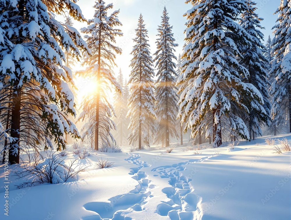 Poster winter forest with tall evergreen trees covered in snow. Sunlight is streaming through the trees, casting a warm glow and creating a serene atmosphere.