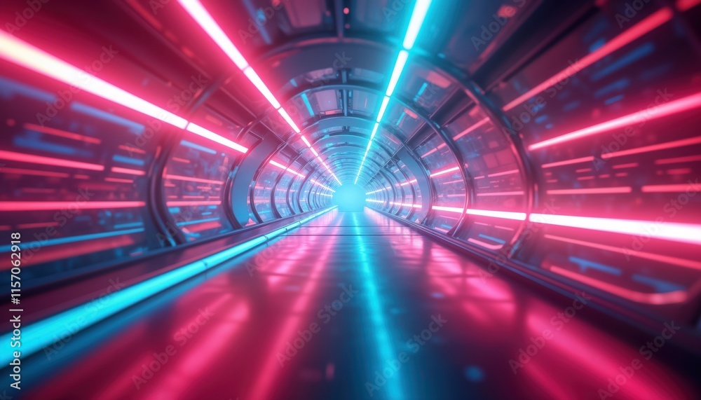 Poster Futuristic tunnel with neon lights. Glowing pink, blue lines create vibrant tech scene. Empty space for mockups. High-speed motion lines. Reflection floor. Cyberpunk design. Abstract,
