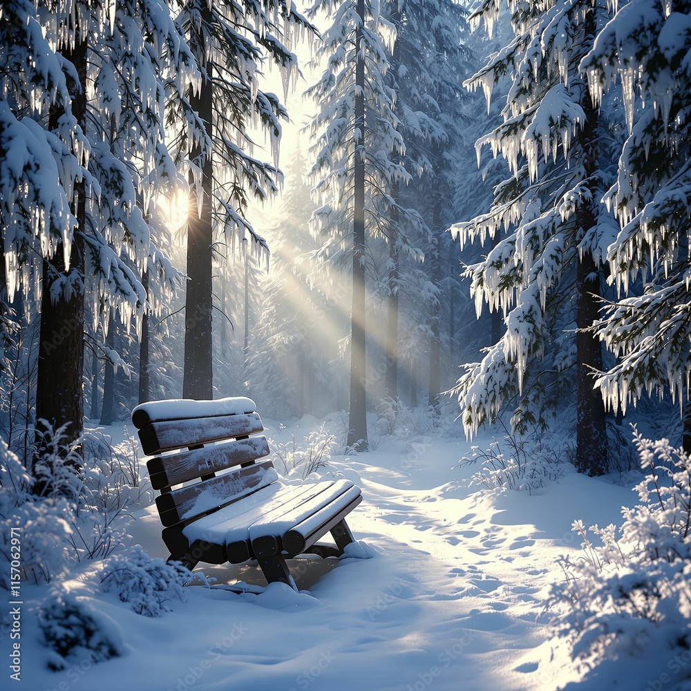 Poster snowy forest with a bench covered in snow, and the sun shining through the trees, casting a warm glo
