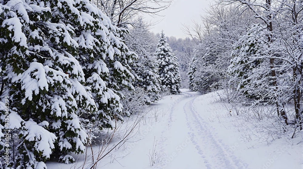 Poster snow-covered forest with a narrow dirt path winding through it. The trees are heavily coated in snow, creating a serene and picturesque winter scene.