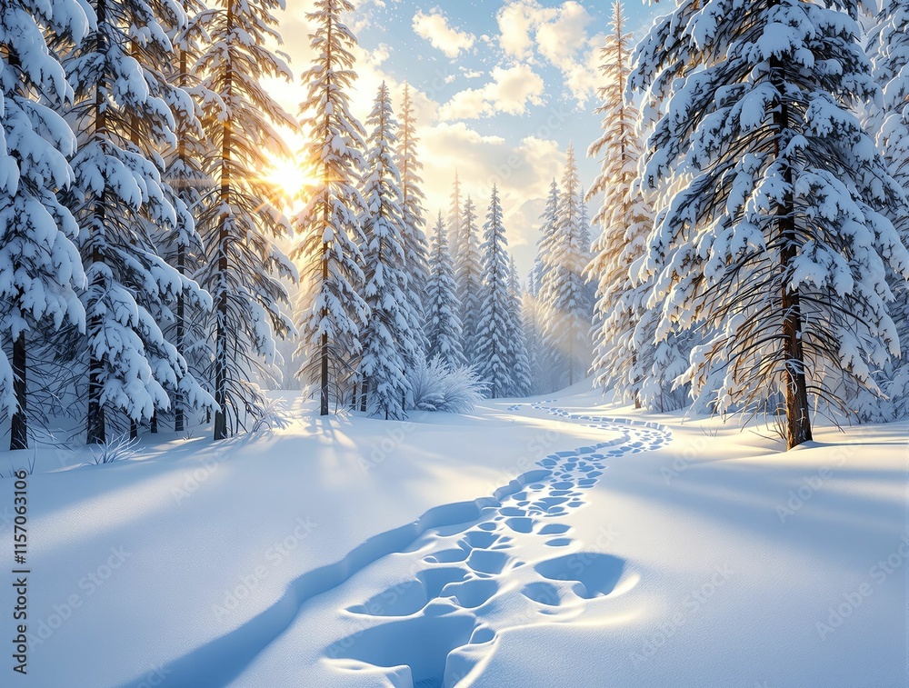 Poster serene winter landscape with snow-covered trees and a trail of footprints leading through the snow t