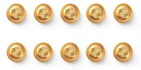 Repeating Pattern of Golden Buttons with a Floral Design on a White Background, Ideal for Textiles or Fashion Industry Applications