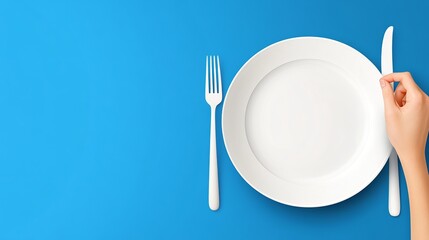White empty plate with hands holding a fork and knife Vector cutlery displayed in a trendy flat style on a blue background