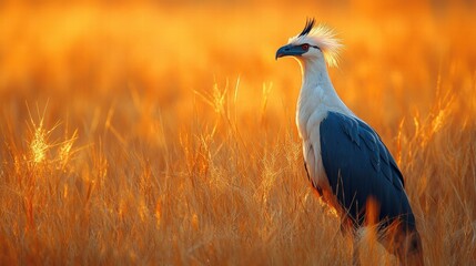 Obraz premium Secretary bird standing in tall golden grass at sunset