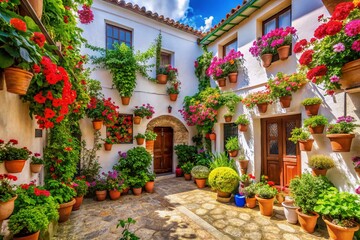 Fototapeta premium Sun-Drenched Andalusian Patio: Blooming Flowers & Whitewashed Walls