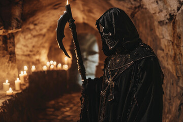 Scary grim reaper with sharp scythe in hell with dark dramatic color, abstract vivid composition consists of fictional unreal fantastic vision on background
