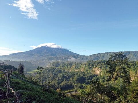 A breathtaking view of a lush mountain valley bathed in the soft morning sunlight. The towering mountain stands majestically, its peak lightly crowned with clouds, while the green expanse below glows