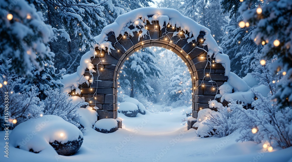 Aufkleber snowy winter scene with a festive, illuminated archway leading into a forested landscape. The arch is adorned with string lights and appears to be made of stone, creating a magical entrance into the s