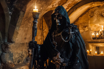 Scary grim reaper with sharp scythe in hell with dark dramatic color, abstract vivid composition consists of fictional unreal fantastic vision on background