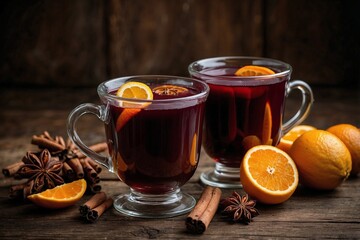 Two Cups of Mulled Wine on a Wooden Table Surrounded by a Rich Color Palette