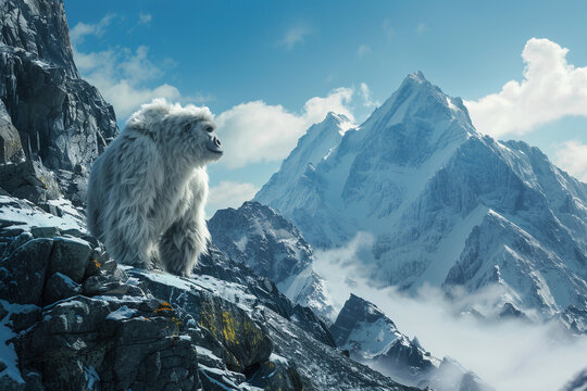 Huge fantasy hairy yeti character in beautiful outdoor nature color, abstract vivid composition consists of fictional unreal fantastic vision on background