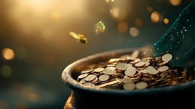 Black pot full of gold coins, leprechaun hat and shamrock leaves on magic forest for st. patrick's day holiday. Fantasy fairy tail background. Symbol of luck.