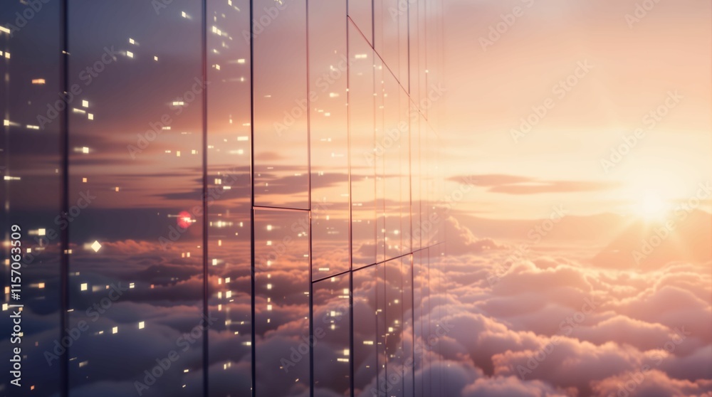 Aufkleber blurry photo or painting of a scene with a cloudy sky and a structure in the foreground. The structure has multiple vertical lines suggesting windows or columns. There are also some dark areas that co