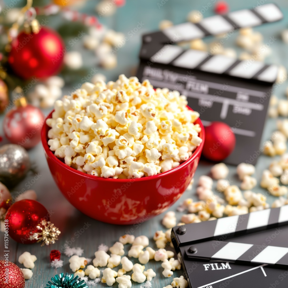 Poster a red bowl is filled with popcorn, and next to it, there is a clapperboard with the word \