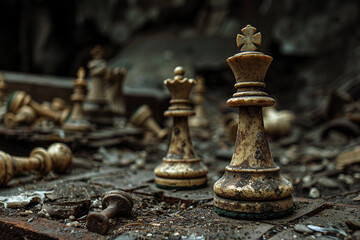 Fototapeta premium Chess piece standing on checkered game board during strategic game of chess, abstract vivid composition consists of fictional unreal fantastic vision on background