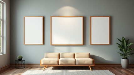 Modern Minimalist Living Room with Empty Picture Frames and Sofa