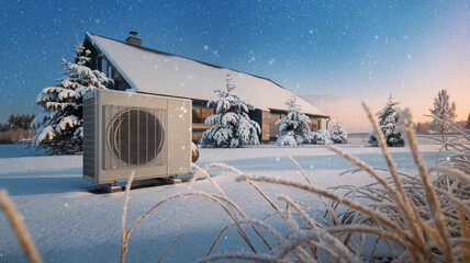 Energy-Efficient Heat Pump in Front of Snow-Covered Home at Sunset  
