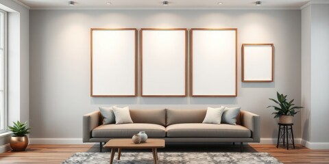 Modern living room interior with neutral color palette and empty picture frames above a beige sofa