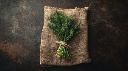 A simple bundle of dill tied with twine, resting on a rustic burlap sack