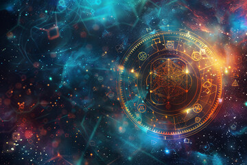 Obraz premium Astrological abstract composition with zodiac circle in signs and symbols, abstract vivid composition consists of fictional unreal fantastic vision on background