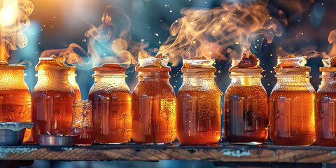 Seven Jars of Amber Liquid with Smoke Effects