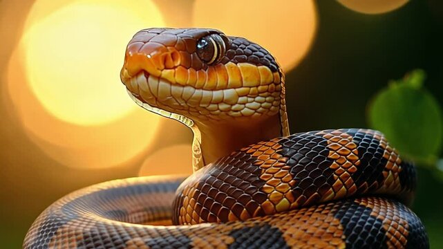A close-up of a vibrant snake with orange and black scales against a blurred background footage
