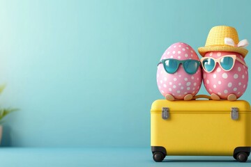 Two cheerful Easter eggs are fully prepared and excitedly looking forward to their upcoming vacation during the vibrant and festive holiday season, filled with joy and bright decorations