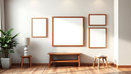 Modern Minimalist Interior with Empty Picture Frames and Wooden Furniture
