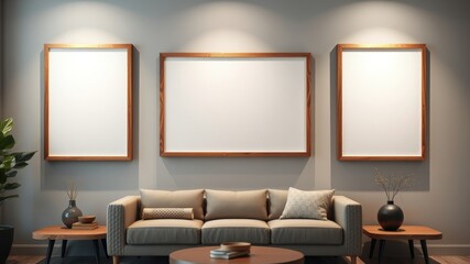Modern living room with three empty wooden frames above a beige sofa