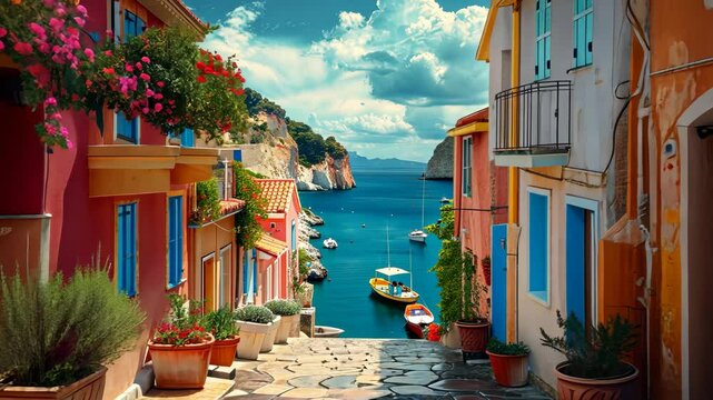 Street in a warm European country on a mountainous terrain, colorful houses, marina with boats and yachts, mountains in the background